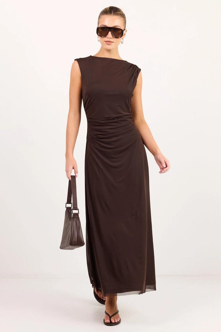 Image of Dresses. Product name - Frame Chocolate Mesh Sleeveless Maxi Dress in Chocolate Mesh colour by brand - Among the Brave