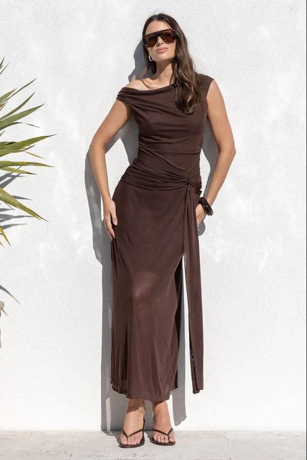 Image of Dresses. Product name - Monarch Chocolate Mesh Off Shoulder Maxi Dress in Chocolate colour by brand - Georgia Zoe