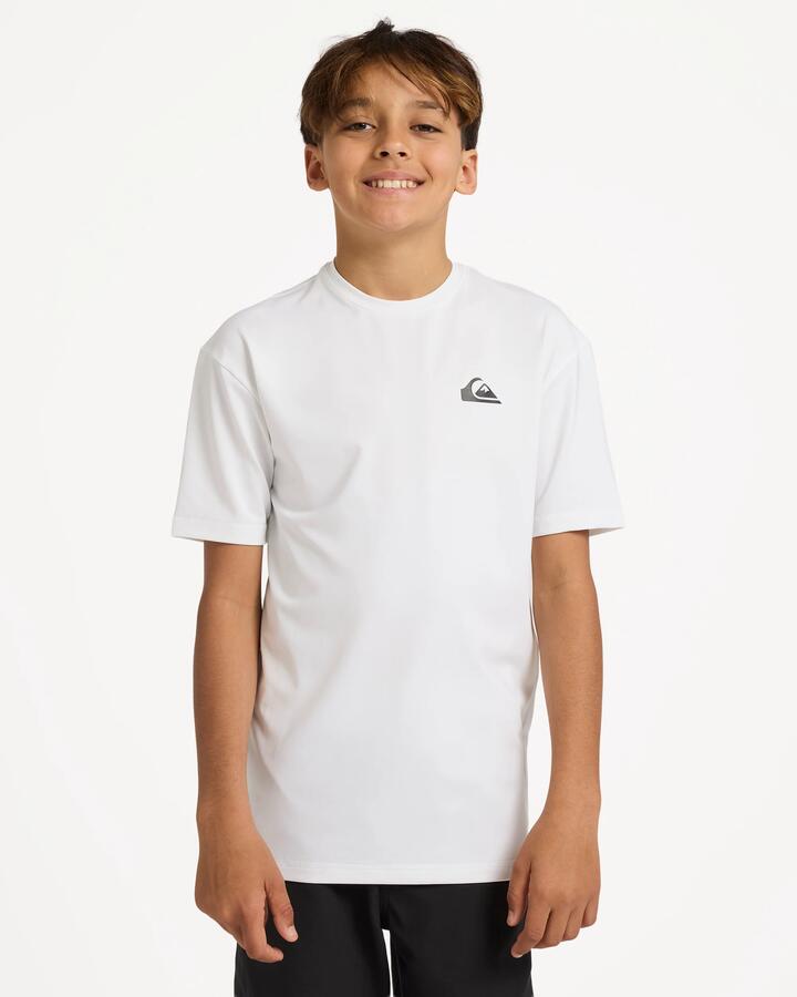 Image of a model wearing Tops. Product name - Quiksilver Boys 8-16 Logo Surf Short Sleeve Rashguard White in White colour by brand - Quiksilver