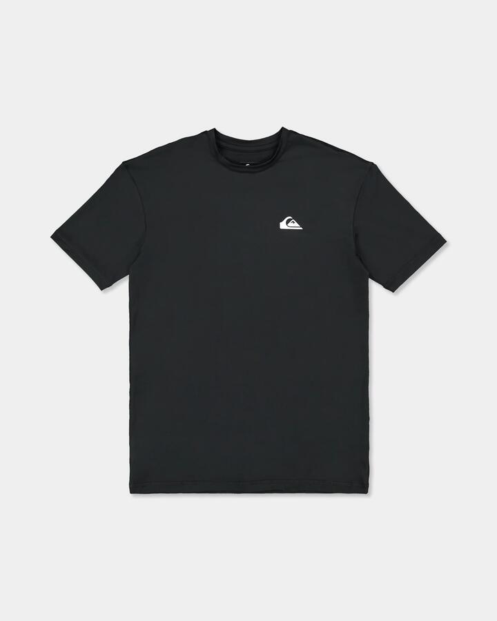 Image of a model wearing Tops. Product name - Quiksilver Boys 8-16 Logo Surf Short Sleeve Rashguard Black in Black colour by brand - Quiksilver