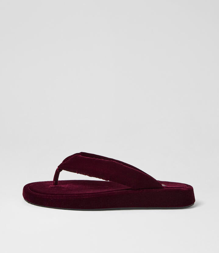 Image of Sandals. Product name - Ajami Plum Velvet Thongs in Plum colour by brand - MOLLINI