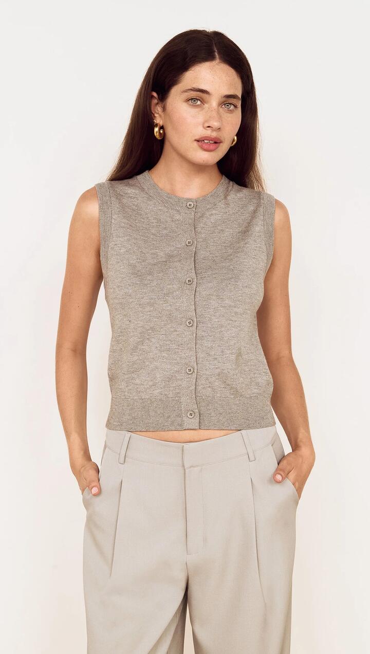 Image of a model wearing Tops. Product name - Round Neck Knitted Vest in Soft Grey in Grey colour by brand - MINKPINK