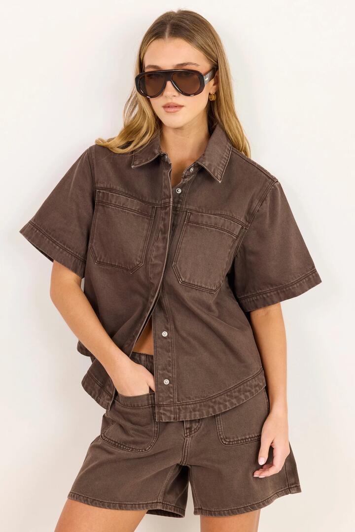 Image of Coats & Jackets. Product name - Crucial Mocha Denim Short Sleeve Shacket in Mocha colour by brand - Stories be Told