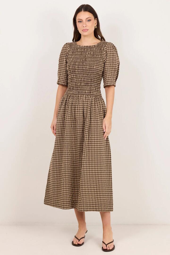 Image of Dresses. Product name - Nest Chocolate Gingham SS Shirred Bodice Midi Dress in Chocolate Gingham colour by brand - RE:UNION Label