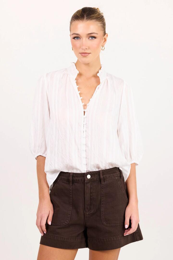 Image of a model wearing Tops. Product name - Continuance Ivory Self Stripe Button Through Mid Sleeve Top in Ivory Self Stripe colour by brand - Ivy + Jack