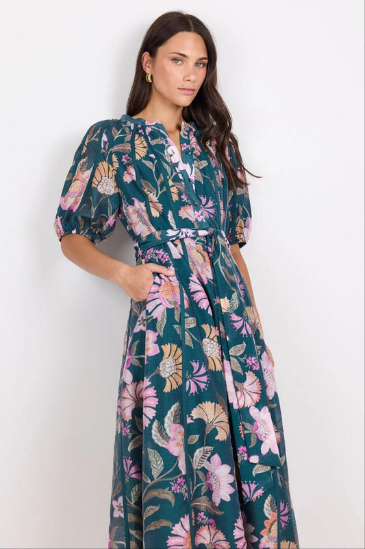 Image of Dresses. Product name - Intuition Petrol Scarf Print Puff Sleeve Maxi Shirt Dress in Petrol Scarf Print colour by brand - By Rosa.