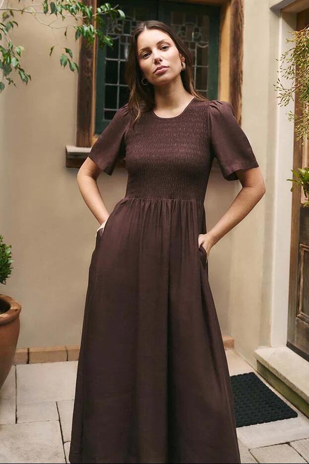 Image of Dresses. Product name - Wren Chocolate Linen Blend SS Shirred Bodice Midi Dress in Chocolate colour by brand - RE:UNION Label