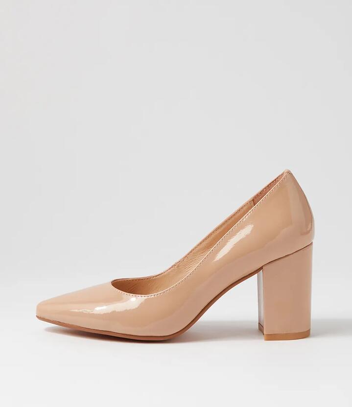 Image of Heels. Product name - Sabine Nude Patent Leather Heels in Nude colour by brand - MIDAS