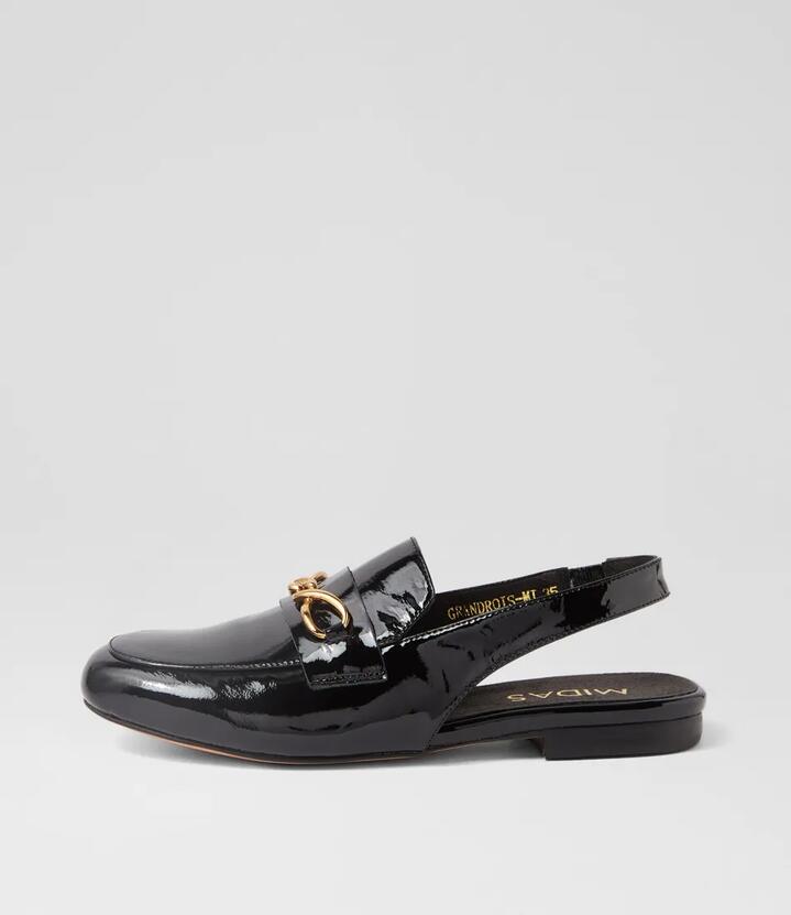 Image of Flats. Product name - Grandrois Black Patent Leather Loafers in Black colour by brand - MIDAS