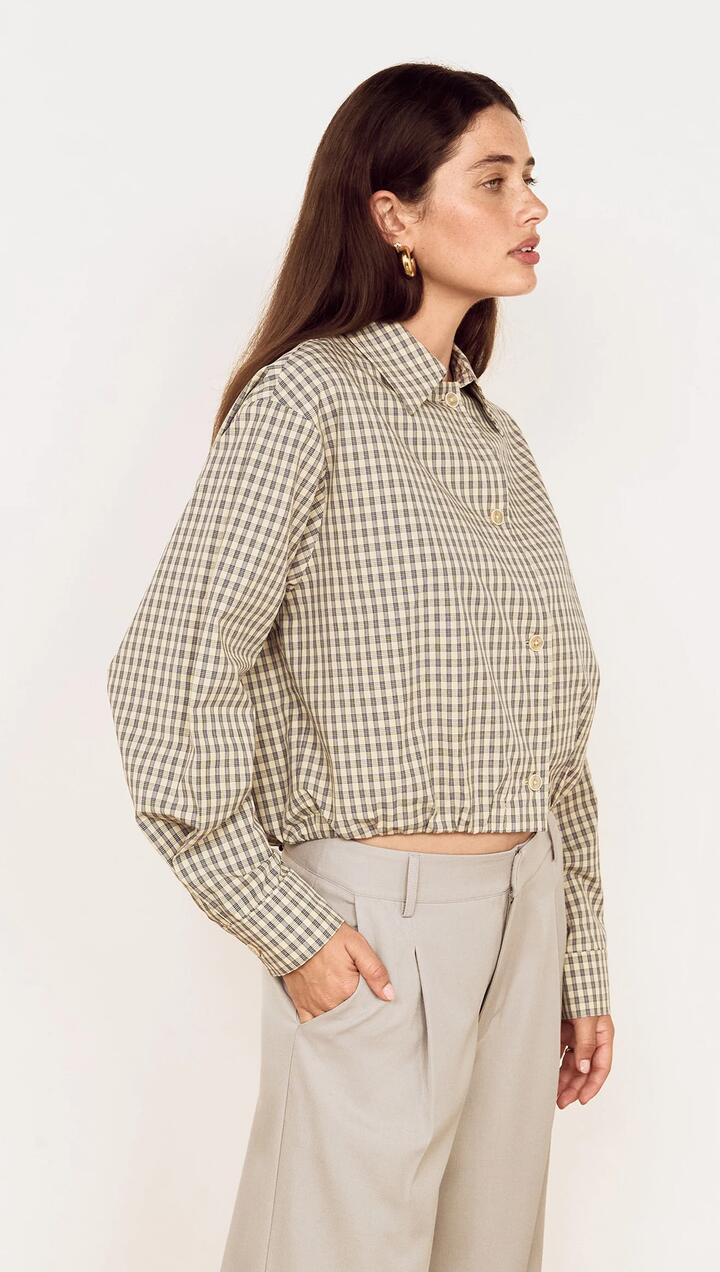 Image of Shirts. Product name - Cotton Bubble Hem Shirt in Blue Check in Check colour by brand - MINKPINK