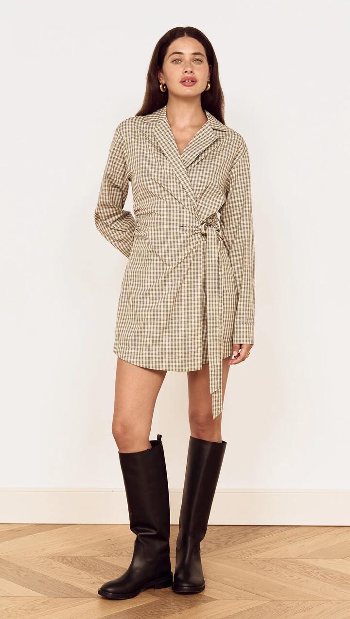 Image of Dresses. Product name - Cotton Wrap Detail Shirtdress in Blue Check in Check colour by brand - MINKPINK