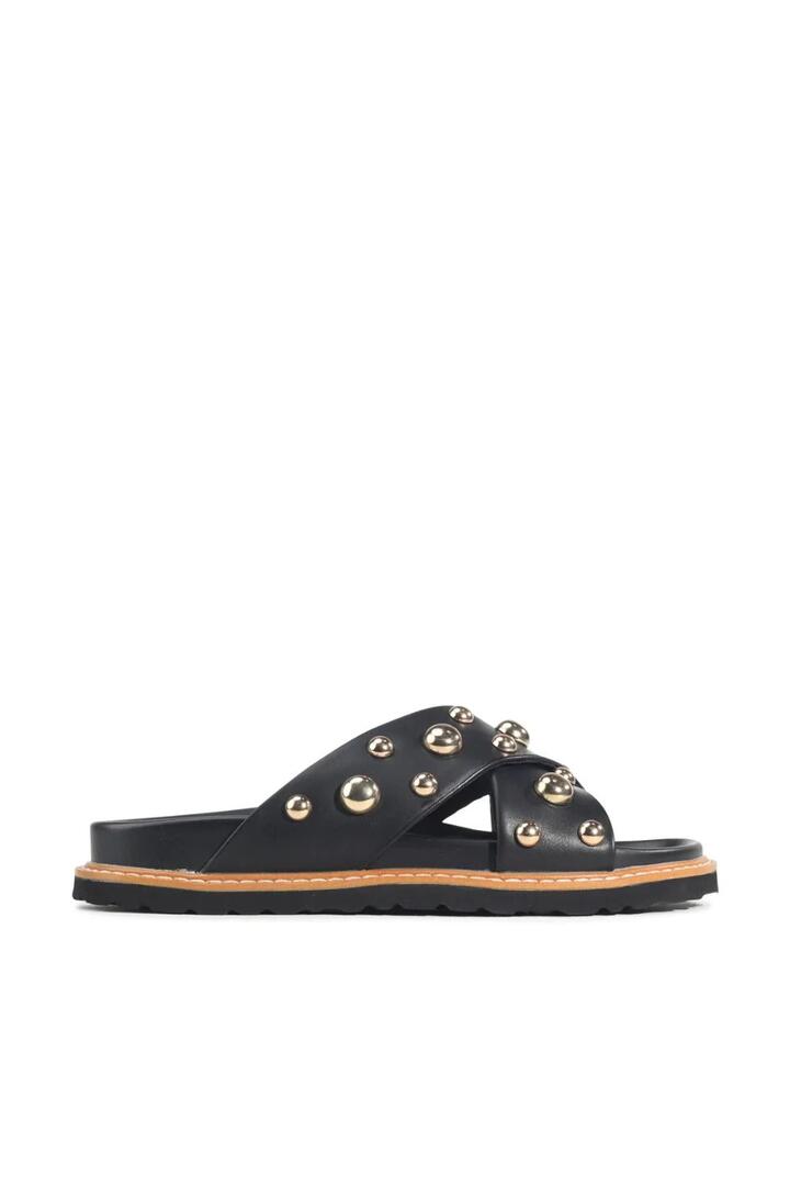 Image of Sandals. Product name - Mode Black Gold Stud Cross Over Slide in Black colour by brand - Los Cabos