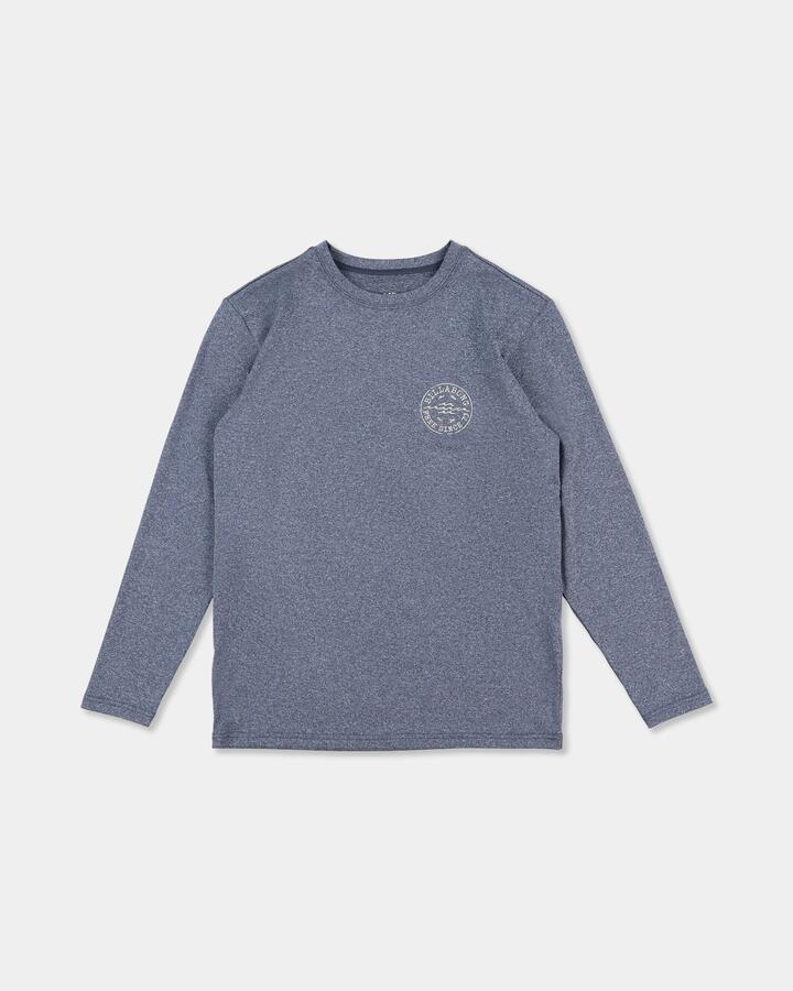 Image of a model wearing Tops. Product name - Billabong Boys 8-16 Big Wave Daz Loose Fit Long Sleeve Rashguard Navy Heather in Navy Heather colour by brand - Billabong