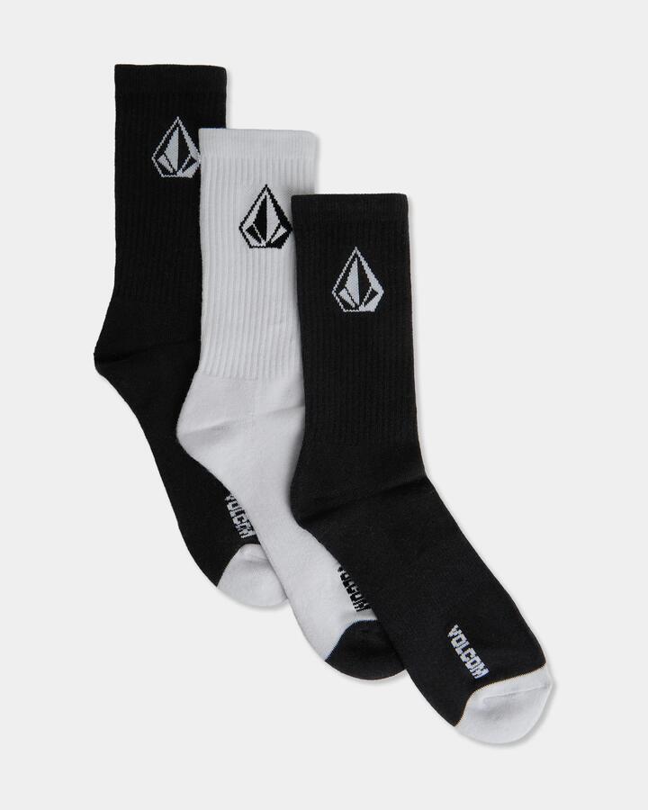 Image of Socks. Product name - Volcom Mens Stone 3 Pack Crew Socks Black/White in Black/White colour by brand - Volcom