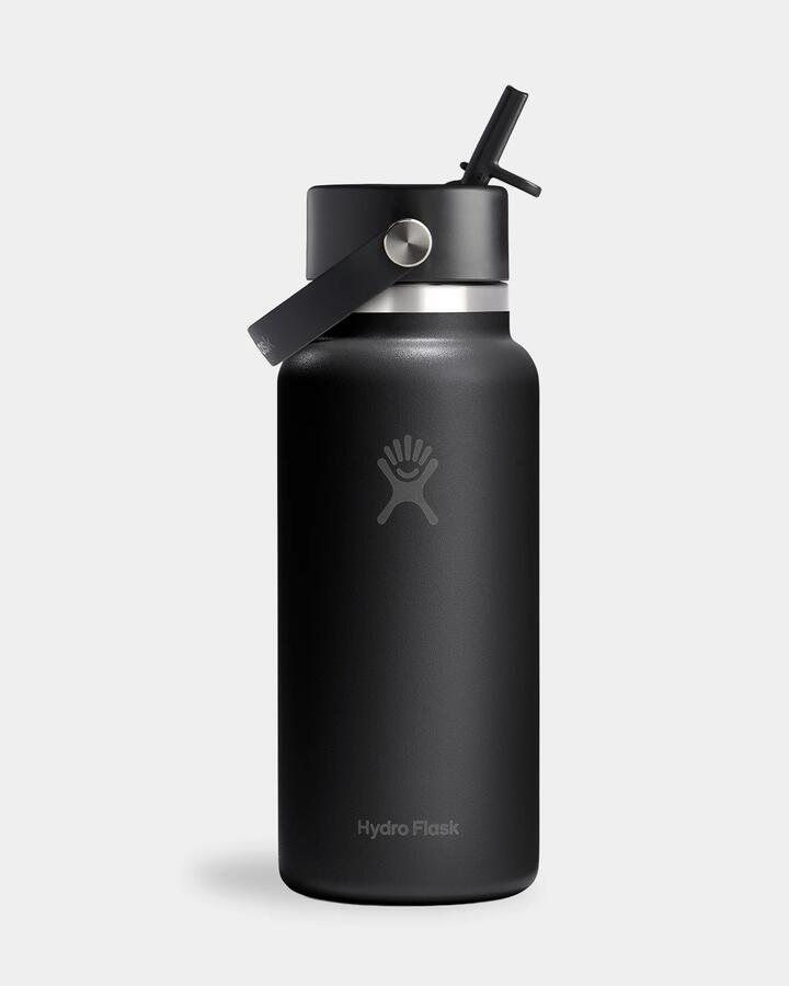 Image of Water Bottles. Product name - Hydroflask 32Oz Wide Flex Straw Cap Water Bottle Black in Black colour by brand - Hydroflask