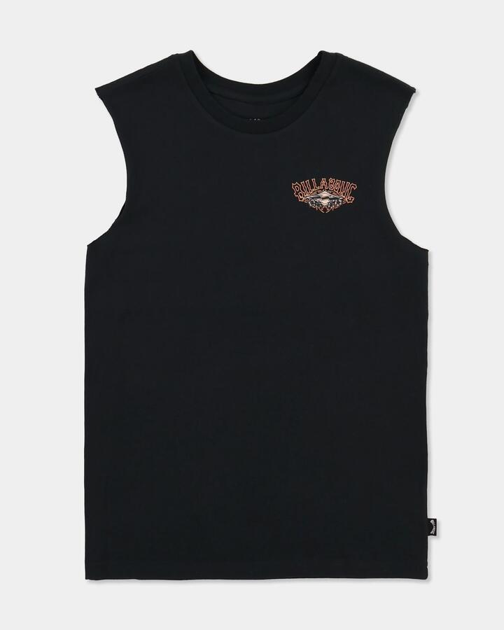 Image of a model wearing Tops. Product name - Billabong Boys 8-16 Boys Heritage Arch Muscle Off Black in Off Black colour by brand - Billabong