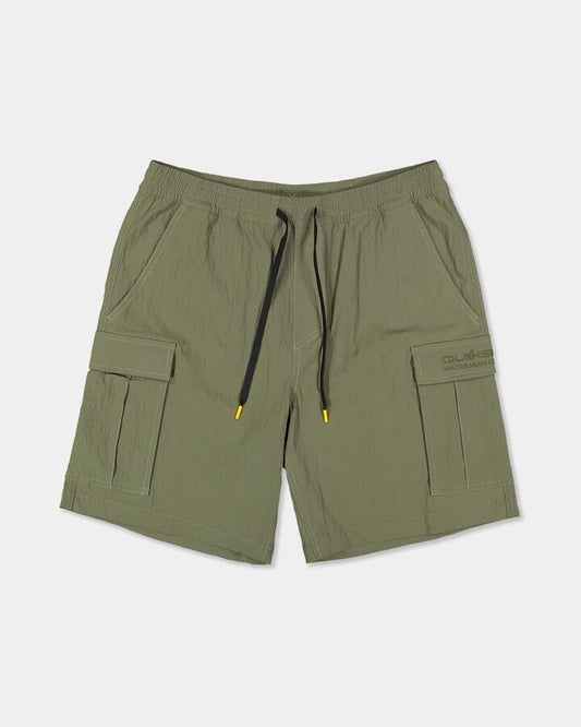 Image of a model wearing Shorts. Product name - Quiksilver Mens Wms 19" Cargo Shorts Black Olive in Black Olive colour by brand - Quiksilver