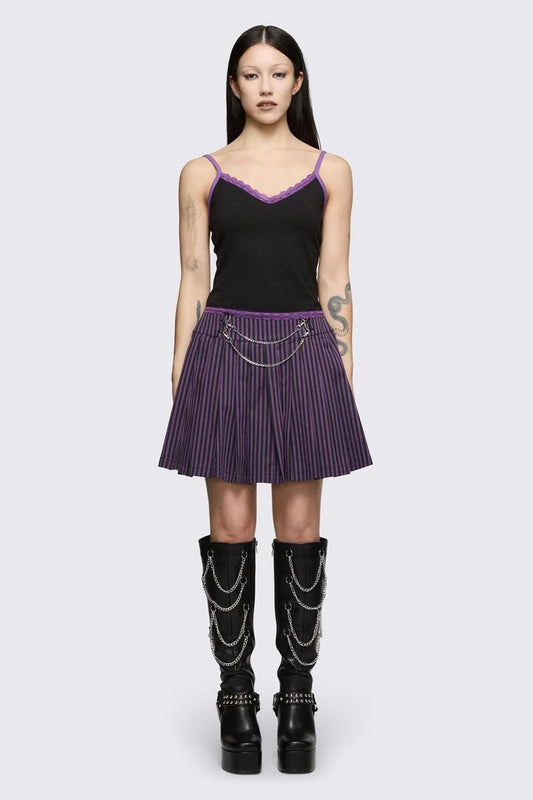 Image of a model wearing Skirts. Product name - Spectre Pinstripe Skirt in Purple colour by brand - Dangerfield