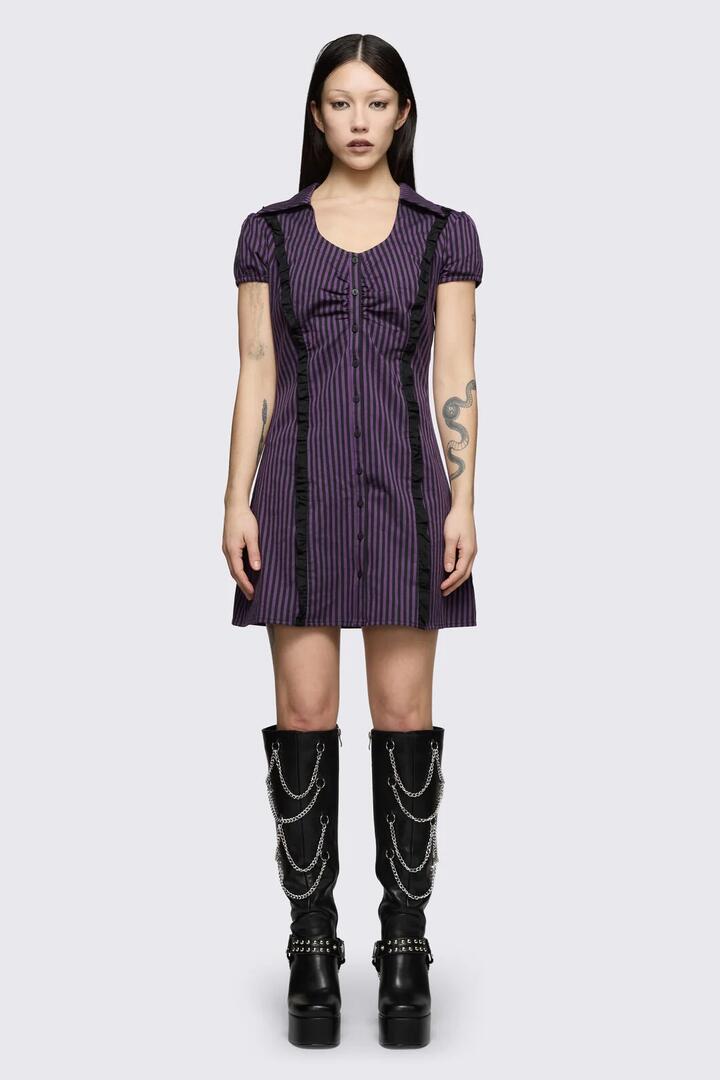 Image of Dresses. Product name - Spectre Pinstripe Dress in Purple colour by brand - Dangerfield