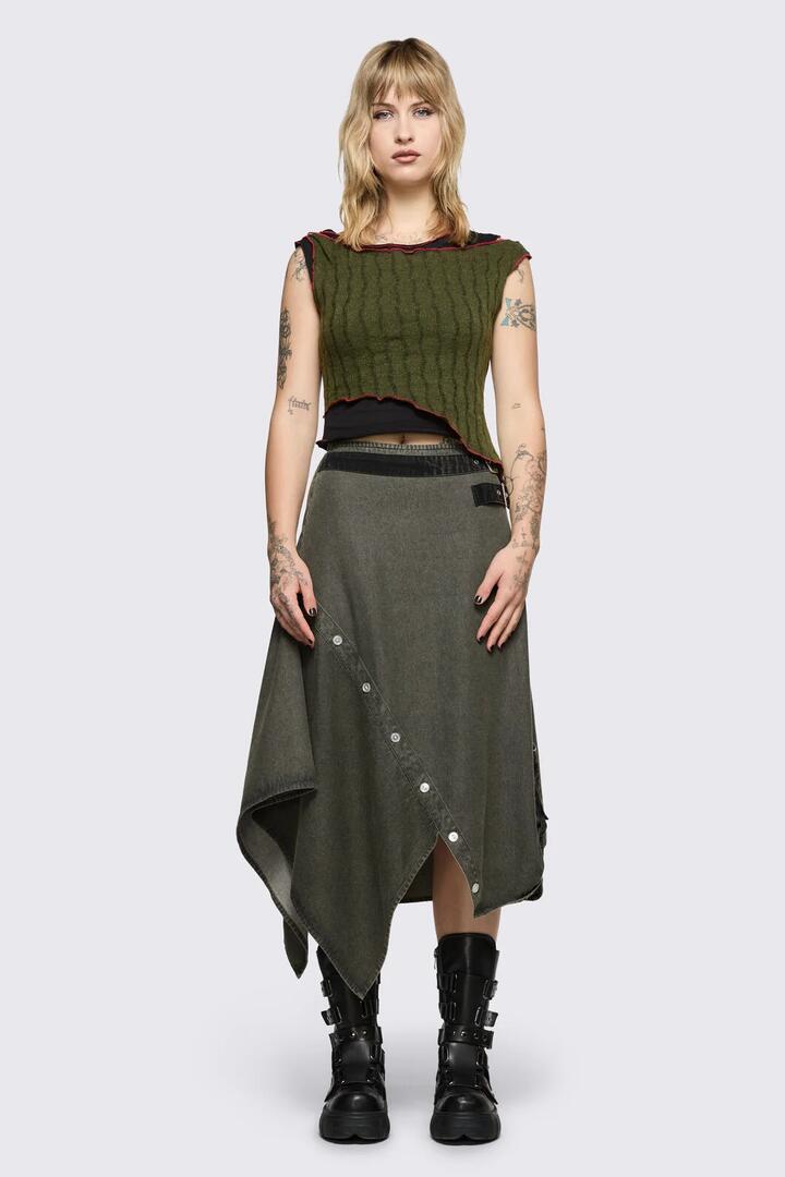 Image of a model wearing Skirts. Product name - Shelter Skirt in Olive colour by brand - Black Friday