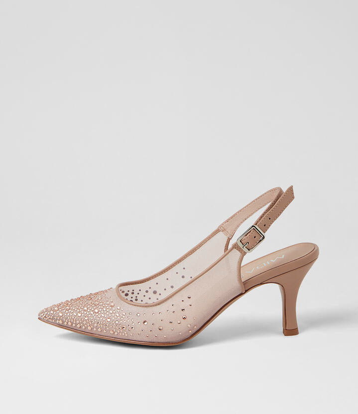 Image of Heels. Product name - Tuille Nude Jewels Mesh Leather Slingback Heels in Nude-Nude Jewels colour by brand - MIDAS