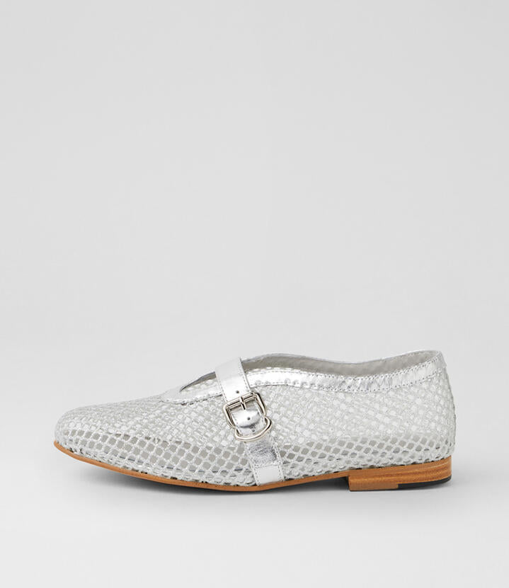 Image of Flats. Product name - Walaa Silver Mesh Leather Mary Janes in Silver-Silver colour by brand - MIDAS