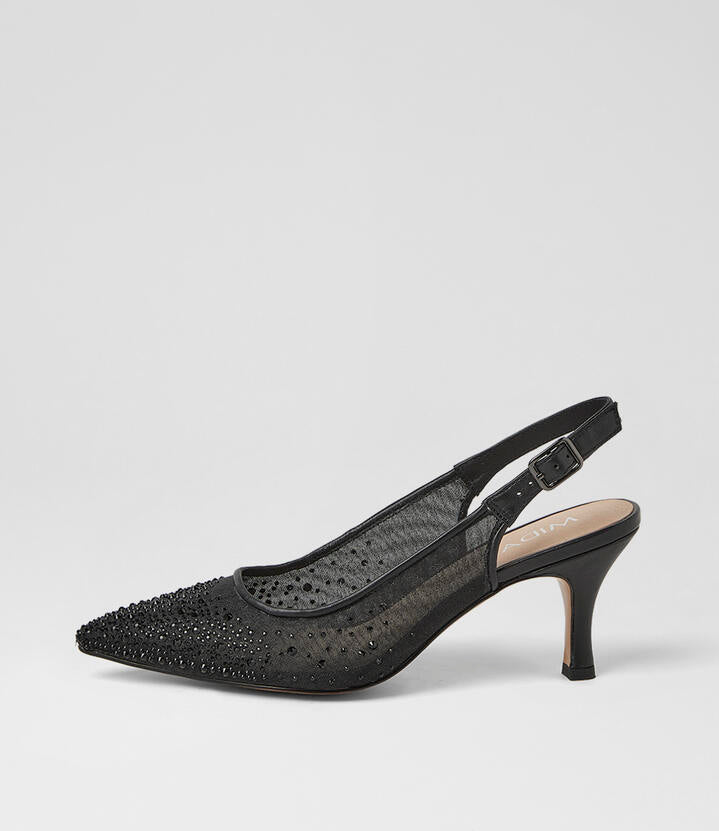 Image of Heels. Product name - Tuille Black Jewel Mesh Leather Slingback Heels in Black-Black Jewel colour by brand - MIDAS