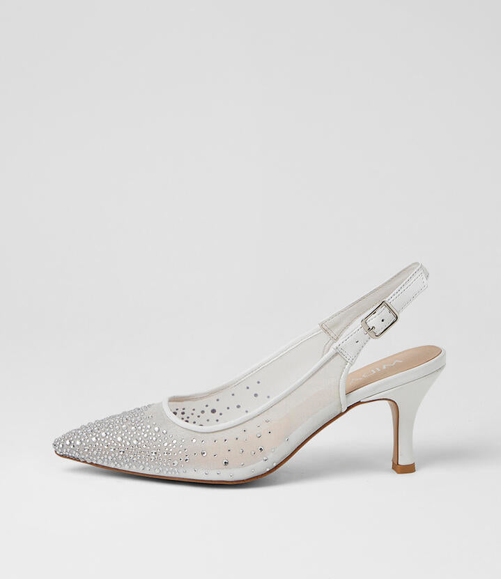 Image of Heels. Product name - Tuille White Silver Jewel Mesh Leather Slingback Heels in White-Silver Jewel colour by brand - MIDAS