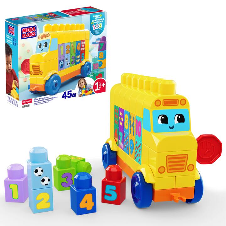 Image of Construction Set Toys. Product name - MEGA BLOKS First Builders Build & Count Bus Block Toy (45 Pieces) for Toddler in colour by brand - MEGA Bloks