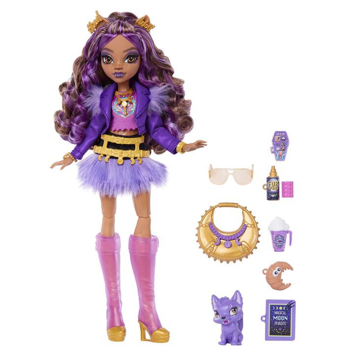 Image of Dolls. Product name - Monster High Clawdeen Wolf Fashion Doll in Furry Skirt with Pet Crescent and 7 Accessories in colour by brand - Monster High
