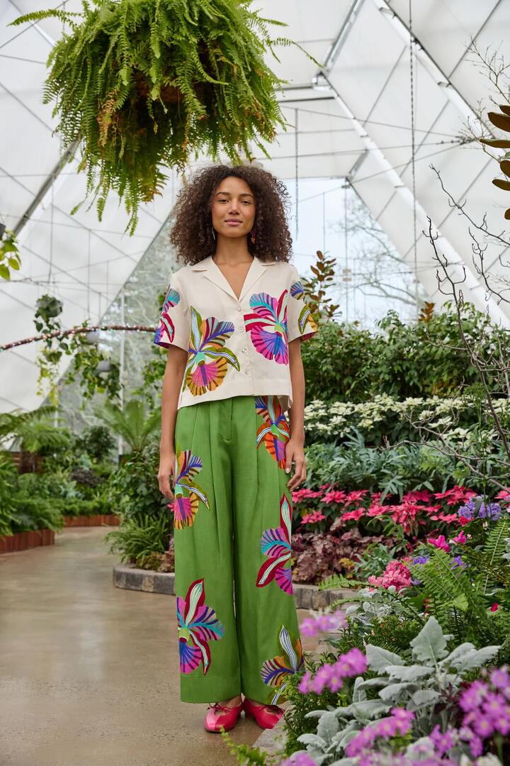 Image of a model wearing Pants. Product name - Orchid Print Pant in Print colour by brand - Gorman
