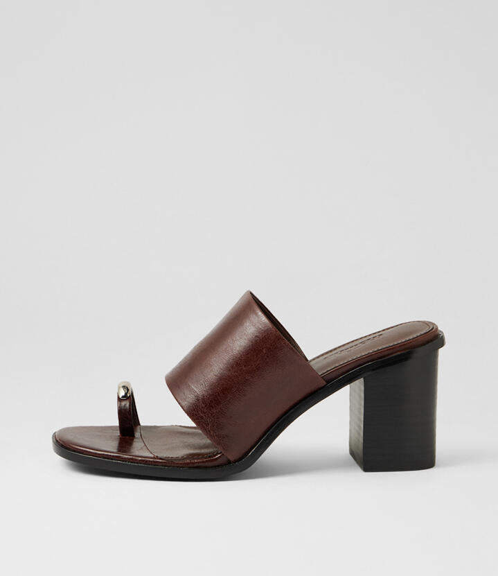 Image of Sandals. Product name - Nari Mahogany Black Crinkle Leather Sandals in Mahogany-Black Heel colour by brand - MOLLINI