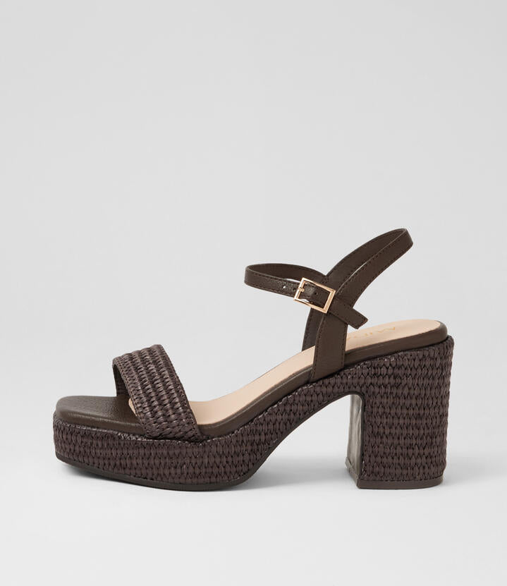 Image of Heels. Product name - King Choc Synthetic Raffia Leather Platform Sandals in Choc colour by brand - MIDAS