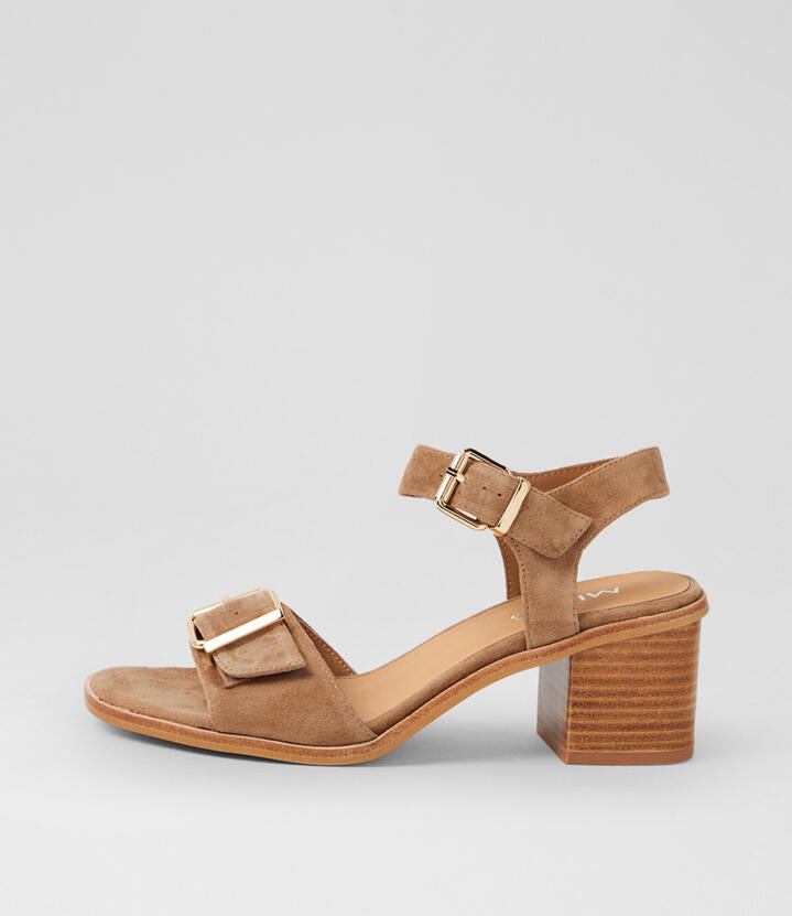 Image of Sandals. Product name - Amara Light Choc Natural Heel Suede Sandals in Lt Choc-Natural Heel colour by brand - MIDAS