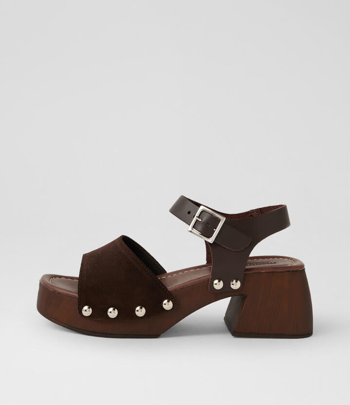Image of Sandals. Product name - Heliya Dark Brown Suede Leather Sandals in Dk Brown colour by brand - MOLLINI