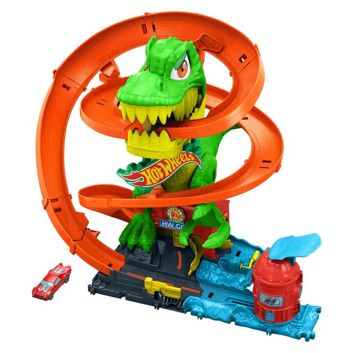 Image of Toy Playsets. Product name - Hot Wheels City T-Rex Blaze Battle Playset & 1:64 Scale Die-Cast Car, Dinosaur Nemesis in colour by brand - Hot Wheels