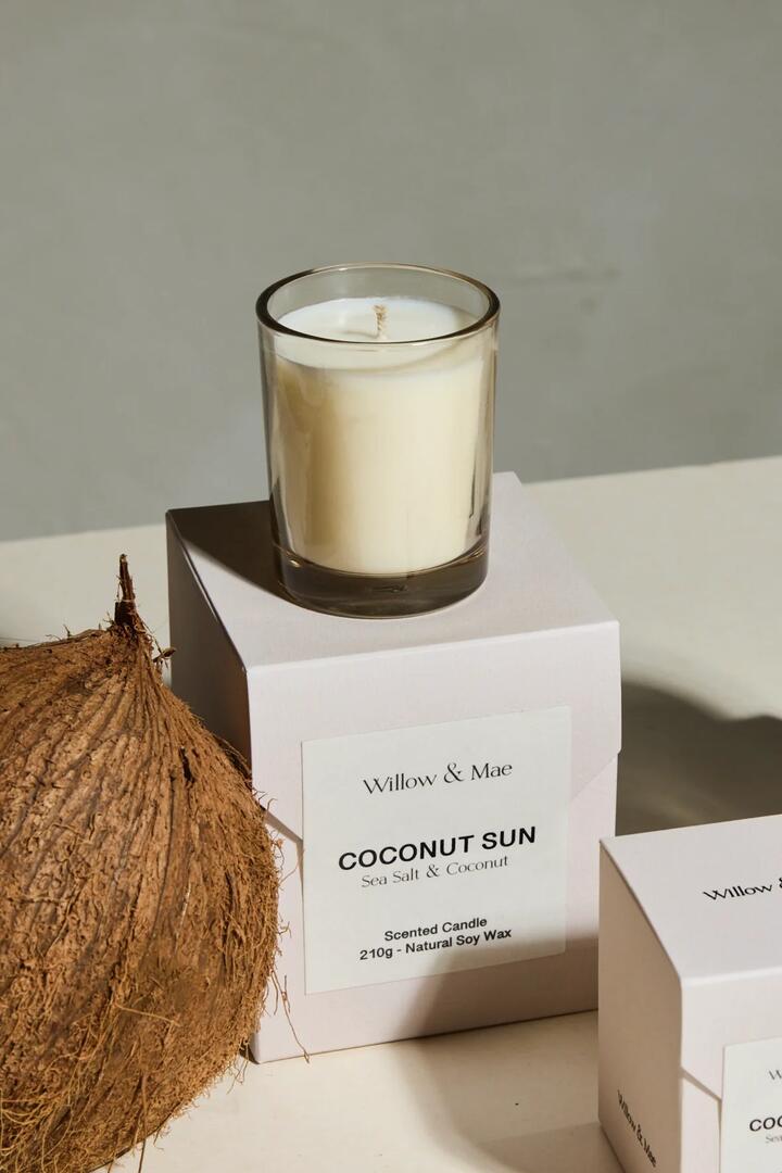 Image of Perfumes & Colognes. Product name - Coconut Sun Sea Salt + Coconut 60g Soy Candle in Ivory colour by brand - Willow & Mae