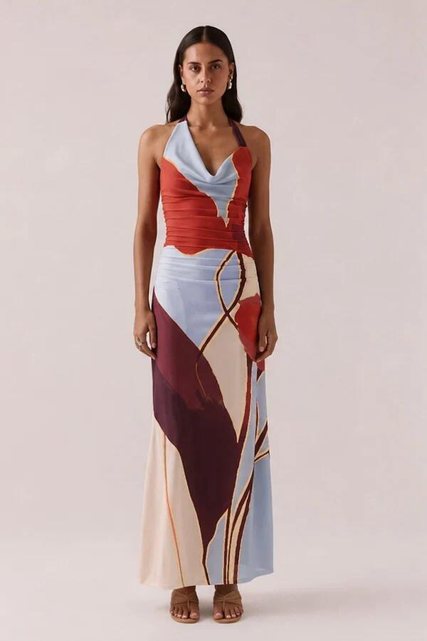 Image of Dresses. Product name - Kalea Blue Bloom Cowl Mesh Halter Maxi Dress in Blue colour by brand - Sovere