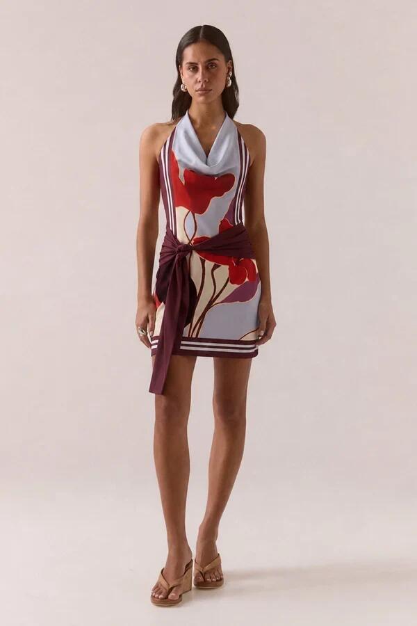 Image of Dresses. Product name - Kalea Blue Bloom Cowl Mesh Halter Waist Tie Mini Dress in Blue colour by brand - Sovere