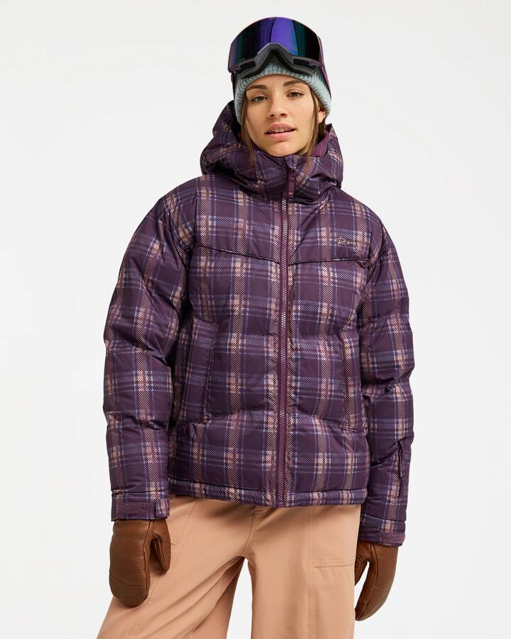 Image of a model wearing Outerwear. Product name - Roxy Womens 15K Alofted Puffer Jacket Blackberry Wine Chill Checkmat in Blackberry Wine Chill Checkmat colour by brand - Roxy