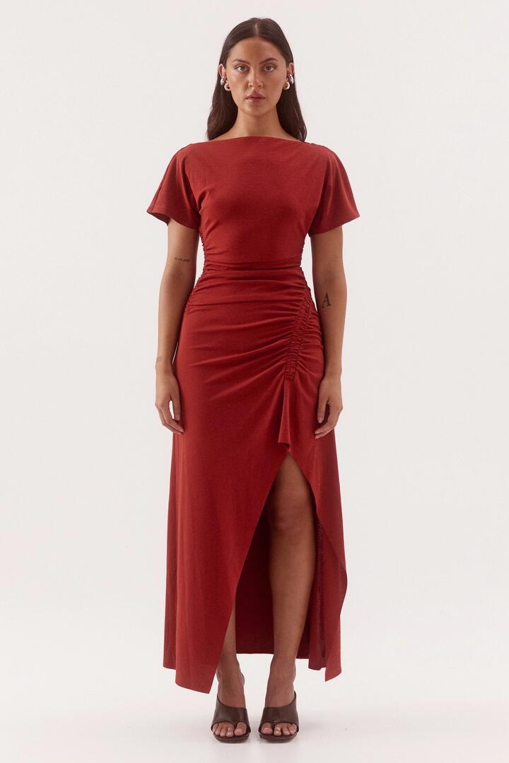 Image of Dresses. Product name - Vera Paprika Side Split SS Maxi Dress in Red colour by brand - Sovere