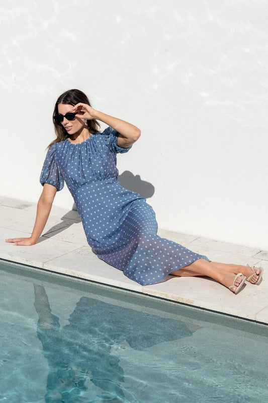 Image of Dresses. Product name - Stage Blue Sheer Polka Dot Puff Sleeve Floaty Maxi Dress in Blue Sheer Polka Dot colour by brand - Stories be Told