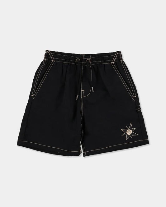 Image of a model wearing Shorts. Product name - Volcom Boys 2-7 Disturb Elastic Shorts Black in Black colour by brand - Volcom