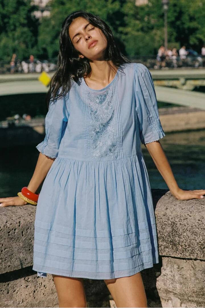 Image of Dresses. Product name - Ryder Baby Blue Mid Sleeve Mini Dress in Blue colour by brand - Auguste The Label