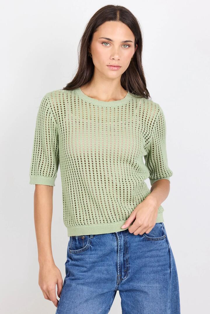 Image of a model wearing Outerwear. Product name - Freckle Sage Pointelle Short Sleeve Knit Top in Sage colour by brand - Among the Brave