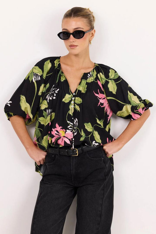 Image of a model wearing Tops. Product name - Refine Black Blush Floral Pintuck Front Mid Sleeve Top in Black Blush Floral colour by brand - Among the Brave