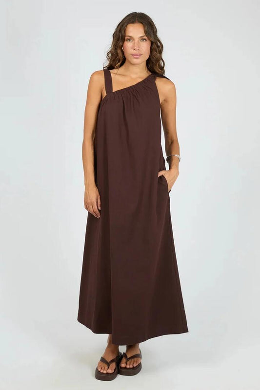 Image of Dresses. Product name - Bowie Chocolate Linen Blend Asym Strappy Tie Maxi Dress in Brown colour by brand - Silent Theory