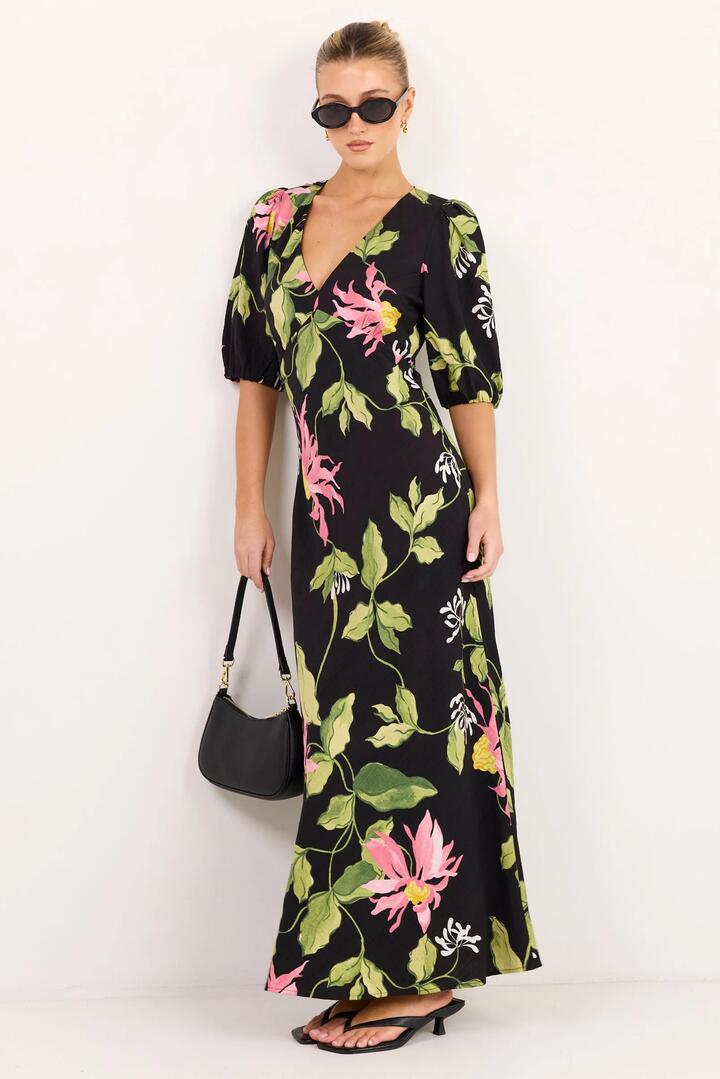 Image of Dresses. Product name - Amora Black Blush Floral SS Bias Maxi Dress in Black Blush Floral colour by brand - Among the Brave
