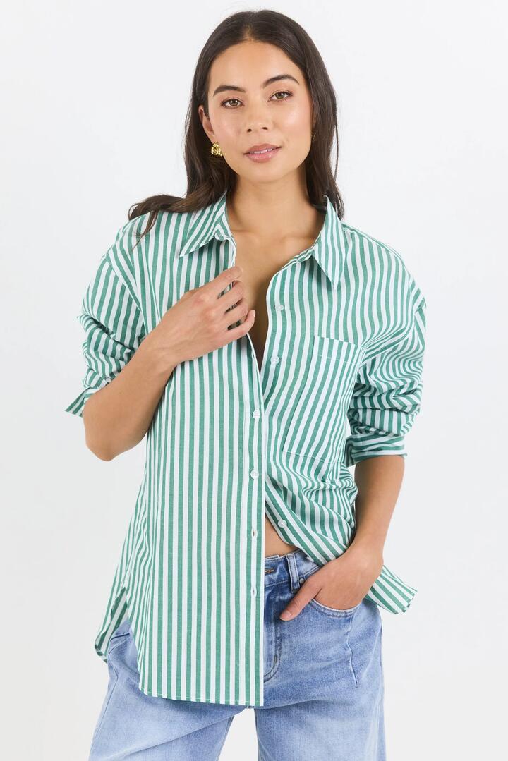 Image of Shirts. Product name - You Got This Forest Green Stripe Poplin Oversized Shirt in Forest Stripe colour by brand - Stories be Told