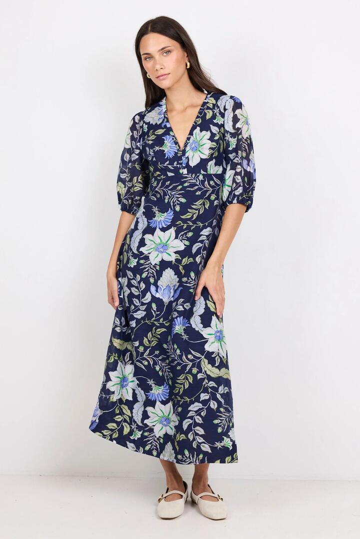Image of Dresses. Product name - Enchantment Ink Botanical V Neck Maxi Dress in Ink Botanical colour by brand - Ivy + Jack